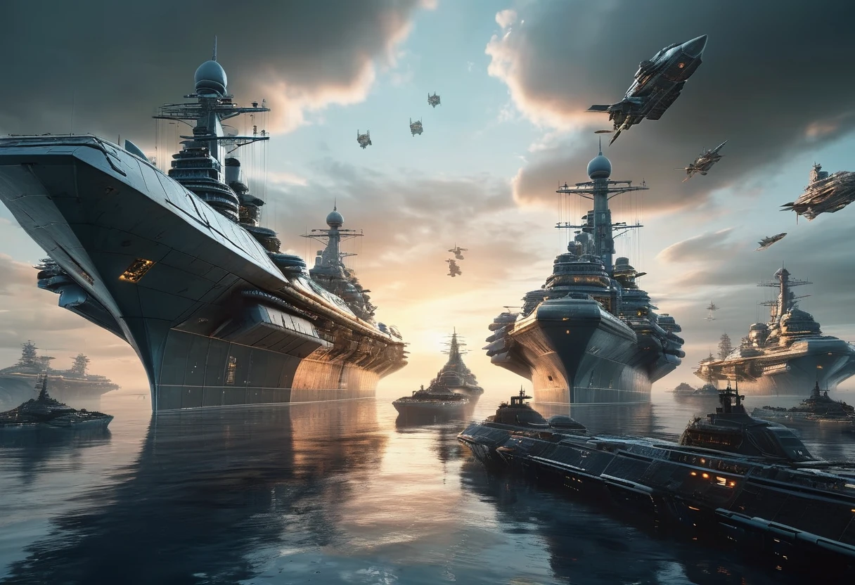 (high quality，Masterpiece，Extremely detailed，3d，8k:1.2) ，Future City，Surreal，Several warships in the air