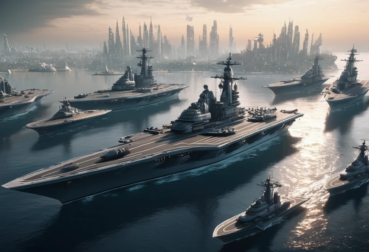 (high quality，Masterpiece，Extremely detailed，3d，8k:1.2) ，Future City，Surreal，Several warships in the air