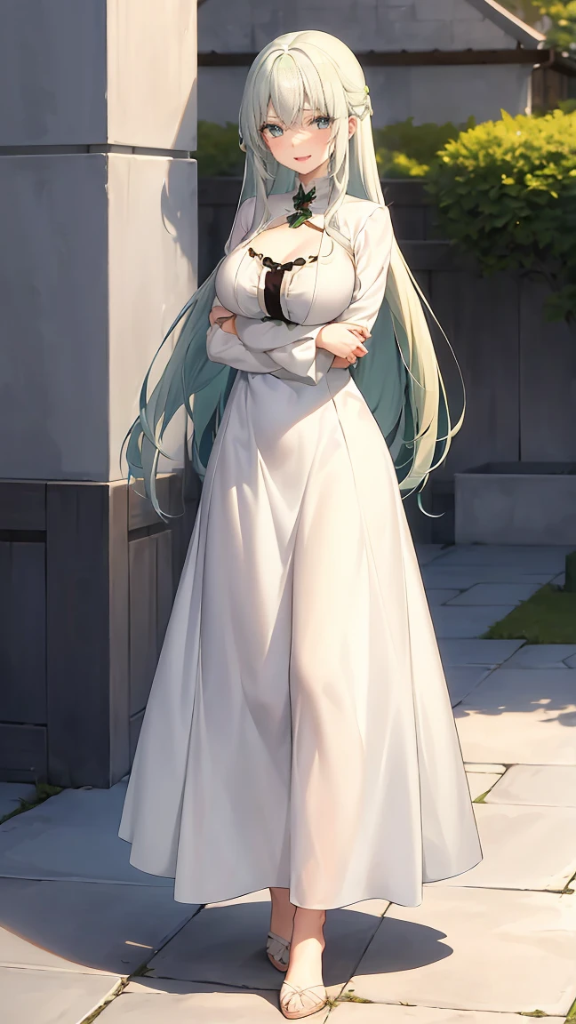 Girl with long green hair,Inner color and white hair、 Beautifully shaped breasts with tension, Green Eyes, White Casual Wear Beauty Special、,Full body photo from head to toe、Proud expression、Older sister、Bold personality、Innocent、Emotionally rich facial expressions、(Standing with arms folded)、Decent face