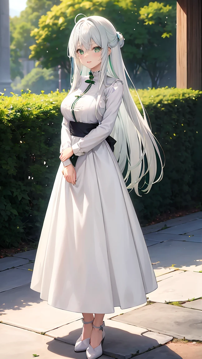 Girl with long green hair,Inner color and white hair、 Beautifully shaped breasts with tension, Green Eyes, White Casual Wear Beauty Special、,Full body photo from head to toe、Proud expression、Older sister、Bold personality、Innocent、Emotionally rich facial expressions、(Standing with arms folded)、Decent face