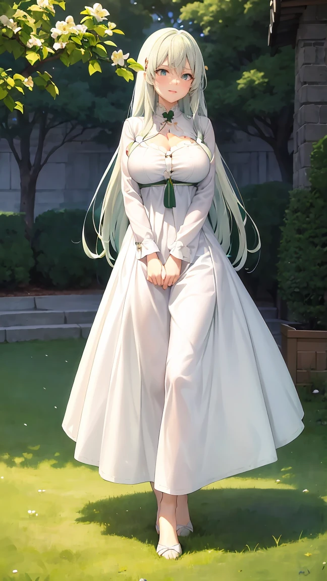 Girl with long green hair,Inner color and white hair、 Beautifully shaped breasts with tension, Green Eyes, White Casual Wear Beauty Special、,Full body photo from head to toe、Proud expression、Older sister、Bold personality、Innocent、Emotionally rich facial expressions、(Standing with arms folded)、Decent face