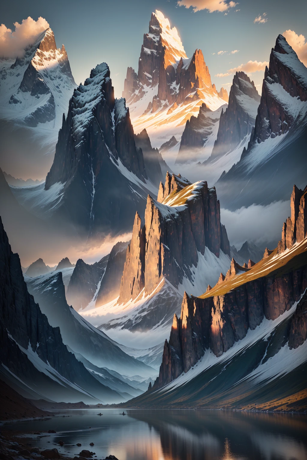 mountains and a river in the foreground with a mountain in the background, max rive, 8 k matte painting, 8k matte painting, the most beautiful landscape, epic beautiful landscape, beautiful mattepainting, majestic nature scenery, matte painting scenery, an amazing landscape image, epic cinematic matte painting, stunning matte painting, stunning nature in background, beautiful matte painting, most epic landscape