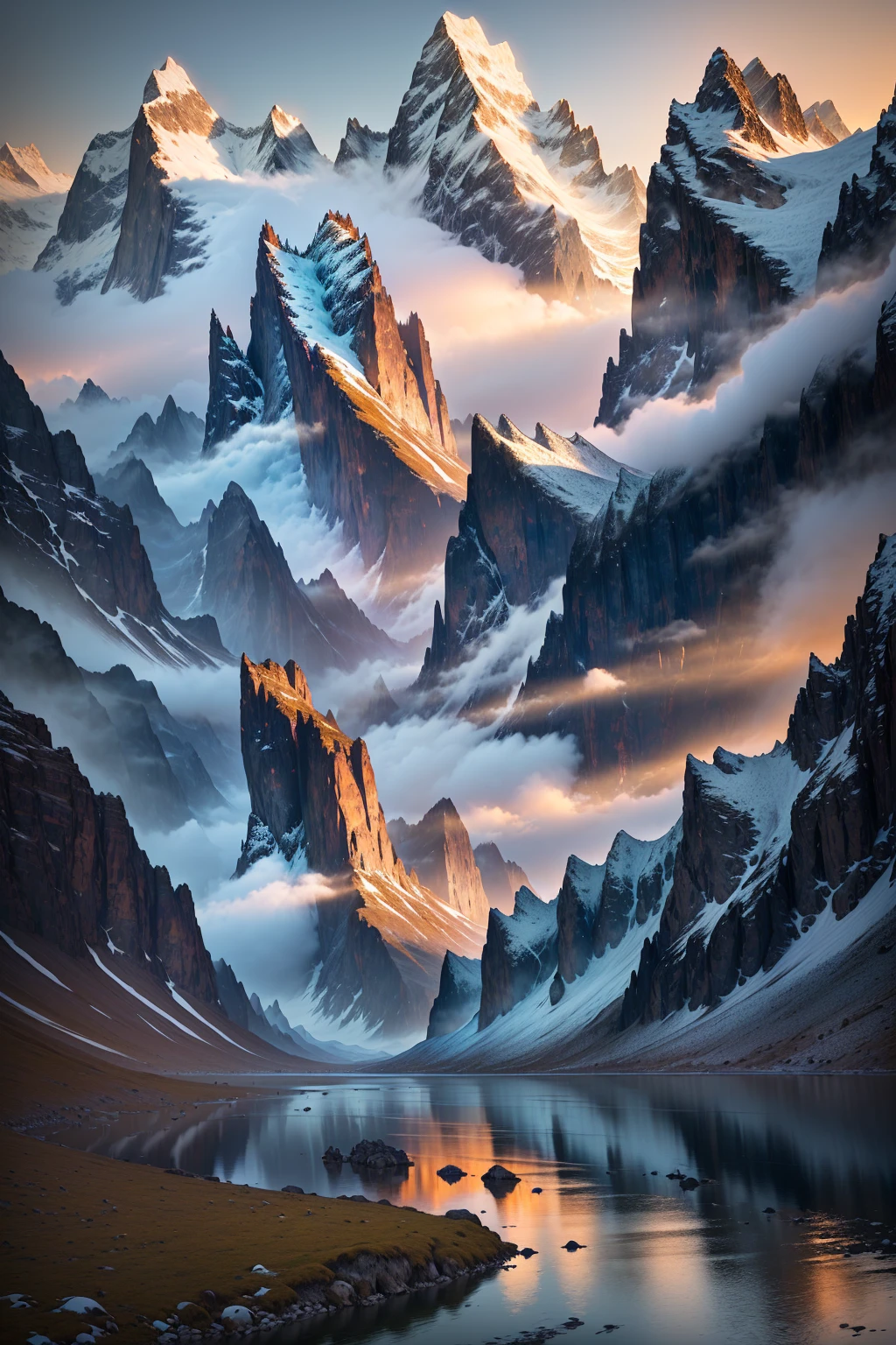 mountains and a river in the foreground with a mountain in the background, max rive, 8 k matte painting, 8k matte painting, the most beautiful landscape, epic beautiful landscape, beautiful mattepainting, majestic nature scenery, matte painting scenery, an amazing landscape image, epic cinematic matte painting, stunning matte painting, stunning nature in background, beautiful matte painting, most epic landscape