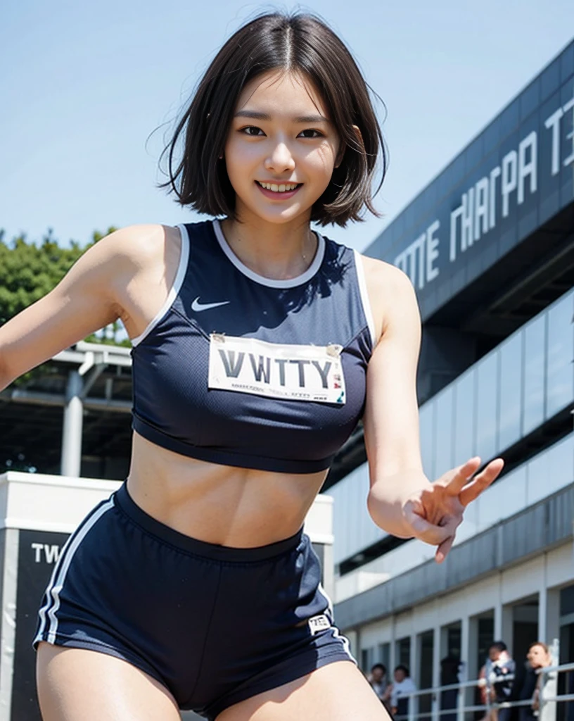 (8K, Top Quality, Masterpiece: 1.2), (Realistic, Photorealistic: 1.37), Super Detail, 1 Girl, 20 years old, Big, Beauty, Cute, Smile, Solo, Athletics, Uniform, Track & Field, Daytime, (Nose Redness), (Smile: 1.15), (Mouth Closed), Beautiful Eyes, (Long Hair: 1.2), Floating Hair Novafrog Style, Upper body