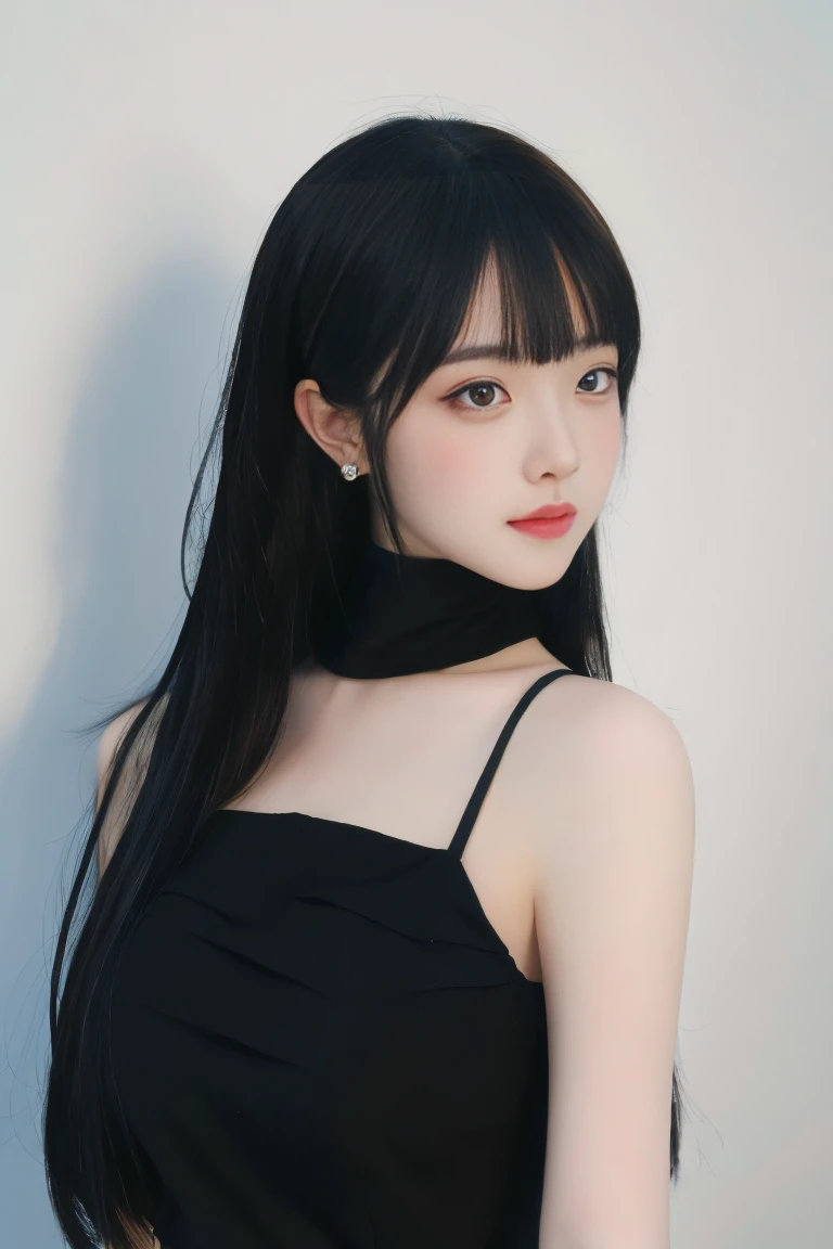 ulzzang-6500-v1.1,(raw photo:1.2),((photorealistic:1.30)), ((best quality)) ,((masterpiece)),((Ultra High Resolution)), ((Clear View)),,Ultra-high resolution,Clear face,（Reality：1.4) ,  illustration, an extremely delicate and beautiful, extremely detailed ,CG ,unity ,8k wallpaper, Amazing, finely detail, masterpiece,best quality,official art,extremely detailed CG unity 8k wallpaper,absurdres, incredibly absurdres, huge filesize, ultra-detailed, highres, extremely detailed,beautiful detailed girl, extremely detailed eyes and face, beautiful detailed eyes,light on face,cinematic lighting,1girl, 独奏, long hair, black hair, bangs, jewelry, Earring, (upper body),(looking at viewer:1.7),indoors, Dress, (black dress), standing,