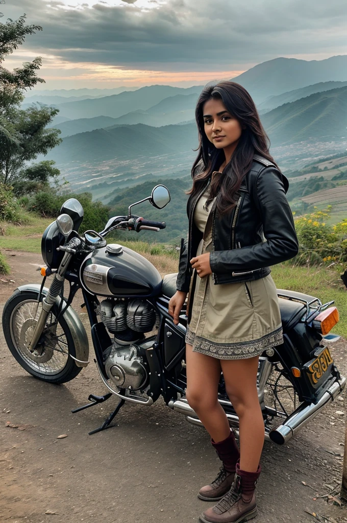 Indian girl with biker's cloth standing near royal Enfield bike on hill station with beautiful scenery 