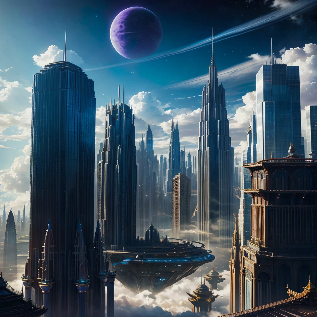A huge fantastical sci-fi city, aether city, floating aerial metropolis,Skyscrapers、Anime Art,Daytime,Huge construction,Super huge waterfall,Super huge temple,Super huge torii,mysterious,Fantasy, towering skyscrapers, massive waterfall, celestial planets in the sky, surrounded by clouds, cosmic architecture, violet energy scars around, central massive castle, astral sky