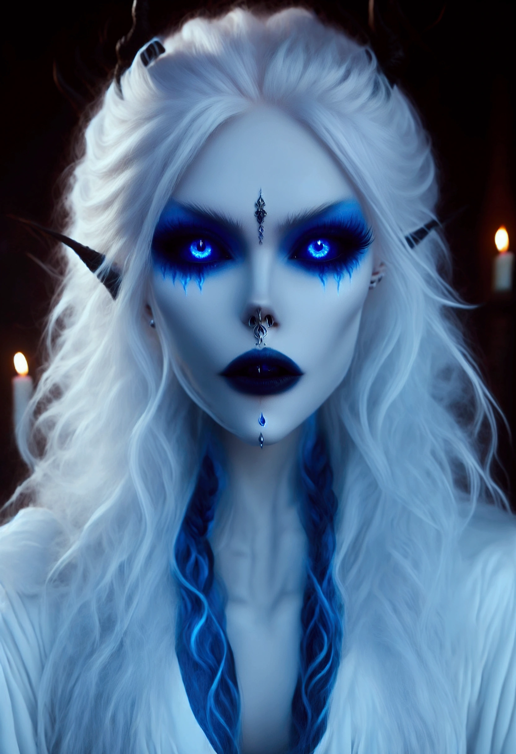 Evil sorceress, piercing blue eyes, white hair, braided hair, casting a spell