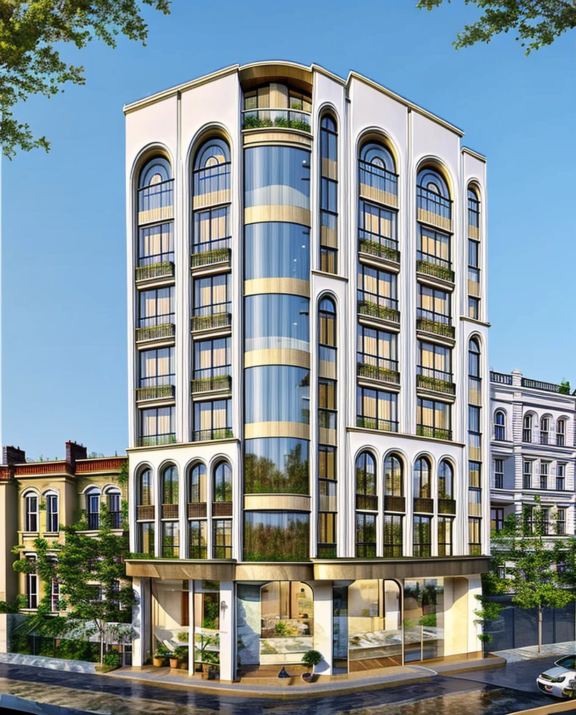 (masterpiece, best quality:1.2) 1white neoclassic building, (curved window), plants on company, building, exterior, architecture design, building in street