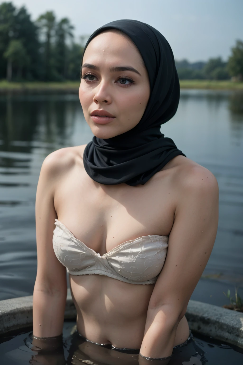((Chubby:1.3)), ((HIJAB)), WEARING STRAPLESS PATTERN FLORAL BRA, (Best Quality, hight resolution, Realistic:1.37), Detailed face and expression, The Frightened Woman, pixie cut, sickly, Worn-out appearance, Swamp environment, standingn, Seductively drowning in a swamp, Distressed flared satin, cloudy water, Sinking Feeling, gloomy atmosphere, Foggy surroundings, dark shadows, A Surreal Touch, soft-lighting, creepy ambiance, can't cope with shame