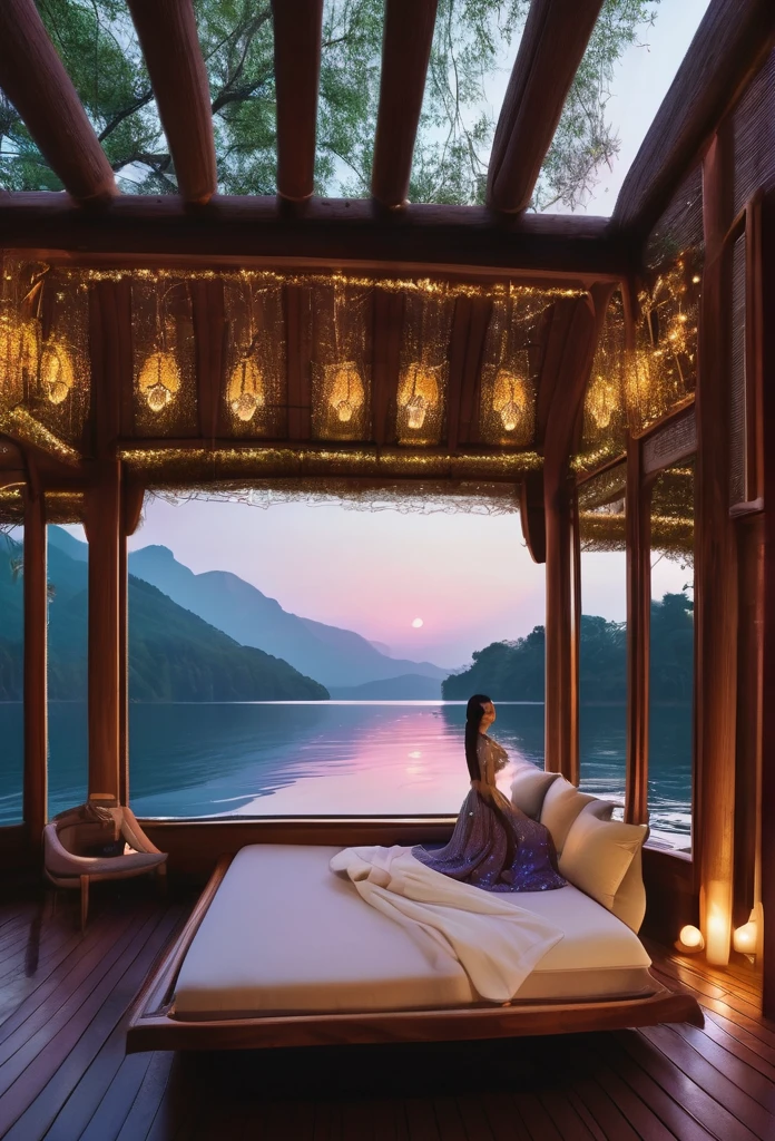 An adult brother and his sister nestled comfortably on the spacious deck of a majestic, magical wooden boat that seems to be a floating piece of art itself. The siblings are adorned in warm, enchanting garments that gently reflect the soft moonlight, which casts an ethereal glow across the serene lake. The boat's deck is intricately carved with whimsical motifs that dance in the shadows, hinting at the ancient and mystical stories it holds within. Behind them, an open-air cabin reveals a cozy bedroom sans walls, allowing the tranquil night breeze to whisper sweet nothings to the plush pillows and velvety blankets that lay upon the inviting bed. The cabin's minimalistic yet opulent design seamlessly blends with the surrounding environment, adorned with delicate strands of twinkling fairy lights that weave through the wooden rafters. The lake stretches on for miles, its still surface mirroring the star-studded sky and the towering blossom forest that envelops the boat in a sea of soft, pastel hues. The petals from the trees above shower the water with a gentle cascade, creating a mesmerizing ripple effect that dances in time with the boat's gentle rocking. In the distance, a majestic ice mountain looms, its frosty peaks glowing with a mysterious luminescence that pierces the darkness, hinting at a hidden realm of frozen wonders. The scene is suffused with an air of tranquility and wonder, as the siblings share a knowing smile, basking in the glow of the moon and the warm embrace of their fantastical floating sanctuary amidst the heart of a serene night in a world where nature and magic coalesce.
