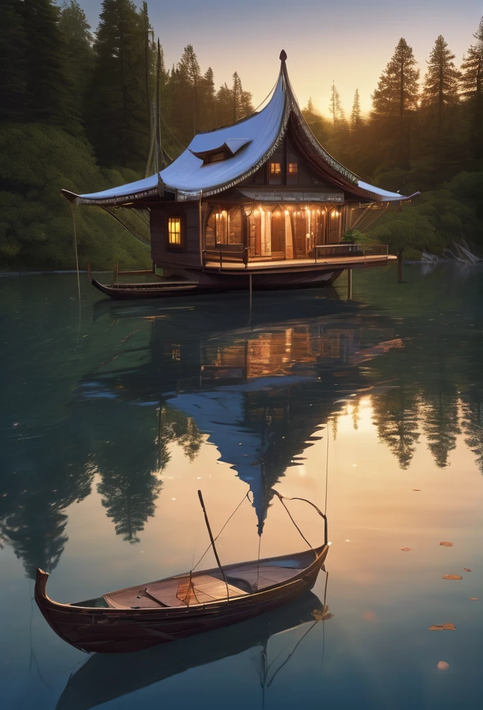 An adult brother and his sister nestled comfortably on the spacious deck of a majestic, magical wooden boat that seems to be a floating piece of art itself. The siblings are adorned in warm, enchanting garments that gently reflect the soft moonlight, which casts an ethereal glow across the serene lake. The boat's deck is intricately carved with whimsical motifs that dance in the shadows, hinting at the ancient and mystical stories it holds within. Behind them, an open-air cabin reveals a cozy bedroom sans walls, allowing the tranquil night breeze to whisper sweet nothings to the plush pillows and velvety blankets that lay upon the inviting bed. The cabin's minimalistic yet opulent design seamlessly blends with the surrounding environment, adorned with delicate strands of twinkling fairy lights that weave through the wooden rafters. The lake stretches on for miles, its still surface mirroring the star-studded sky and the towering blossom forest that envelops the boat in a sea of soft, pastel hues. The petals from the trees above shower the water with a gentle cascade, creating a mesmerizing ripple effect that dances in time with the boat's gentle rocking. In the distance, a majestic ice mountain looms, its frosty peaks glowing with a mysterious luminescence that pierces the darkness, hinting at a hidden realm of frozen wonders. The scene is suffused with an air of tranquility and wonder, as the siblings share a knowing smile, basking in the glow of the moon and the warm embrace of their fantastical floating sanctuary amidst the heart of a serene night in a world where nature and magic coalesce.