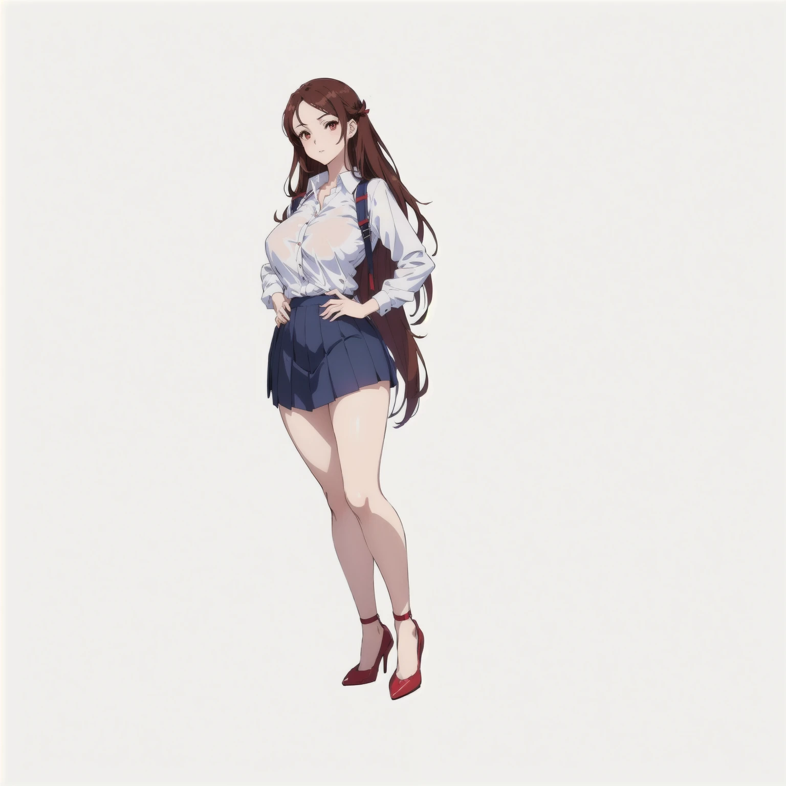 anime girl in short skirt and shirt posing for a picture, seductive anime girl, beautiful alluring anime woman, official character illustration, white shirt, brown hair, red eyes, red highheels, long hair, blue hairpin, big boob, visible cleavage
