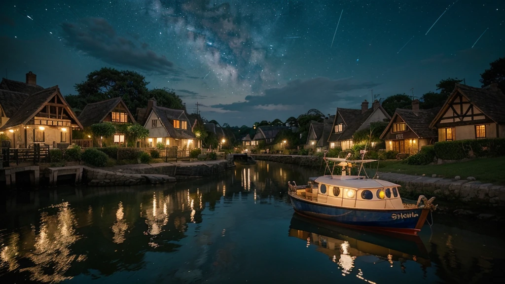A picturesque village landscape set along a serene seashore, illuminated by a starry night sky. The stars twinkle brightly, creating a magical atmosphere reminiscent of Ghibli Studio's enchanting style. The village houses have warm, glowing lights, and the scene is filled with gentle, whimsical details like softly swaying palm trees, moonlit waves lapping at the shore, and quaint fishing boats bobbing in the water, evoking a sense of wonder and tranquility.
