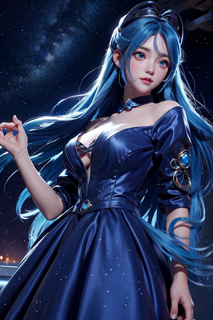 Ultra HD、A beautiful blue-haired character、Very large eyes like in an anime、Red burning cheeks、Night scene with starry sky background、Wearing a gorgeous dress、Subtle details、A fantastic atmosphere、Anime style