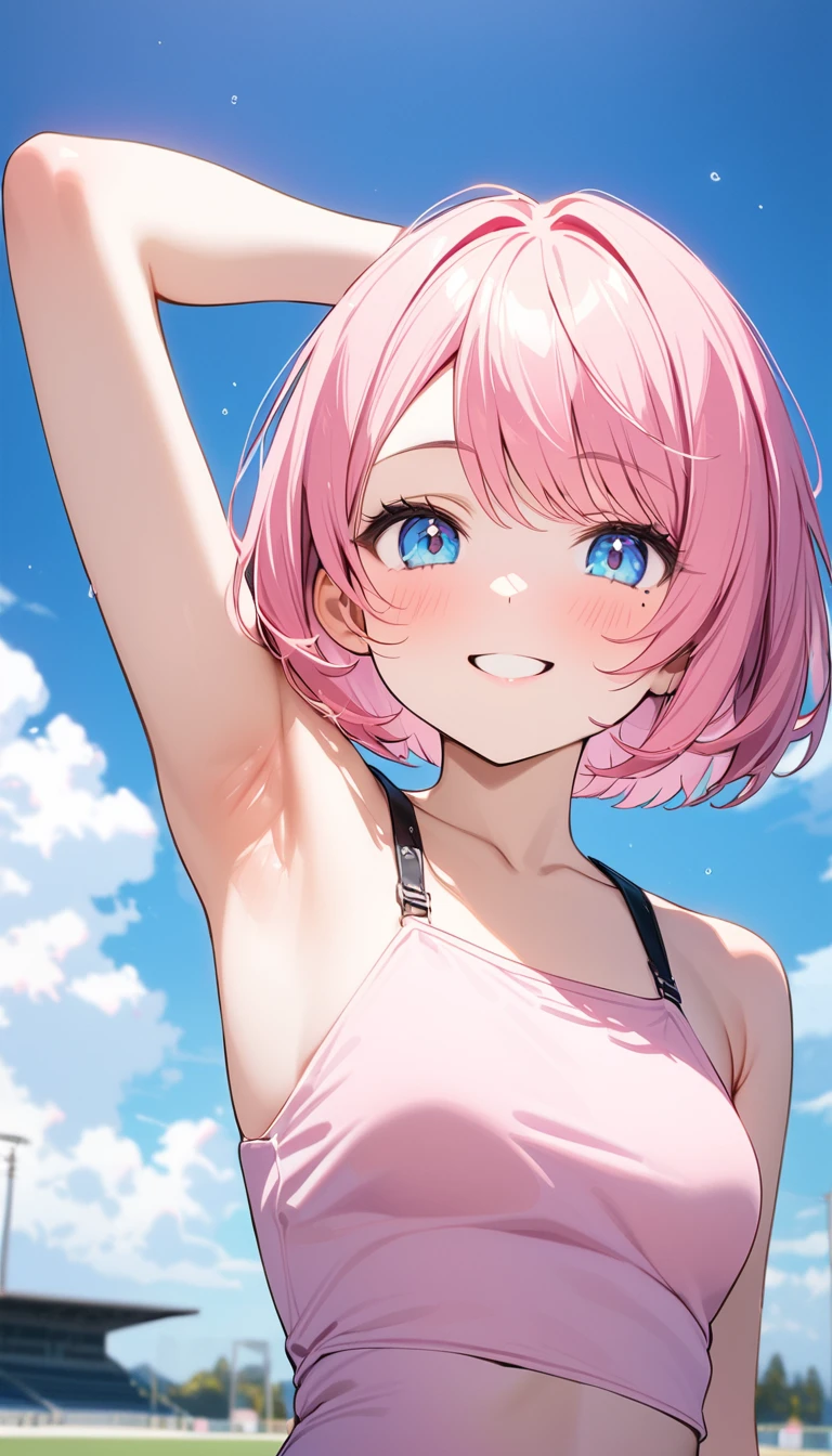 (1 girl),(Best Picture Quality, 8K, Masterpiece:1.3), (high school student:1.5), ((pink lob hair:1.1)), (bob cut),(swept bangs), (cute eyes, pupil black, iris skyblue, youthful face), (mole under right eye), (standard weight), (small breasts), (glistening skin:1.1),(pale skin:1.2),((showing armpits)),((sexy fashion)),(magnificent view),(Smile).