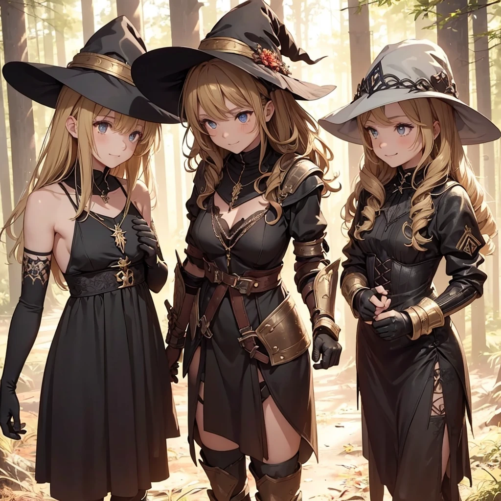 a group of beautiful witch girls in the middle of a forest in the night, tribal tattoo ,multiple girls, five girls, light armor ,elbow pads, knee pads, red and blonde hair , standing girl young girl, gloves, elbow pads, boots, smiles, small breasts, long black dress, necklaces, full body,