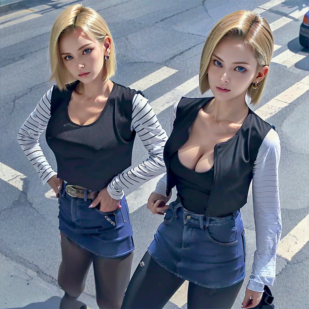 Best Quality, hight resolution, and18, 1girl in, Android 18, Solo, Blonde hair, Blue eyes, Short hair, earrings, Jewelry, Denim Vest, open vest, Black pantyhose, Black shirt, jean skirt, Striped long sleeves, Blue skirt, medium breasts, Cowboy Shot, Street, (Externally expanded Chest: 1.2)