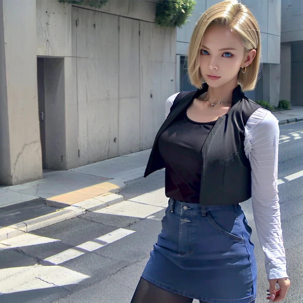 Best Quality, hight resolution, and18, 1girl in, Android 18, Solo, Blonde hair, Blue eyes, Short hair, earrings, Jewelry, Denim Vest, open vest, Black pantyhose, Black shirt, jean skirt, Striped long sleeves, Blue skirt, medium breasts, Cowboy Shot, Street, (Externally expanded Chest: 1.2)