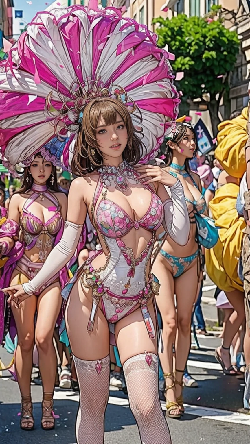 Highest quality, Official Art, masterpiece, Fabric Shading, High resolution, Very detailed, colorful, Best details, Fantasy, random colorのハイレグサンバマイクロコスチューム:1.5, Yuki Mori:1.5, 1 female, Age 25, Brown Hair, short hair:1.7, Twin tails,Wind-blown bangs, Puffy nipples, {{{{{Dancing vigorously in the parade:1.9}}}}}, A castle town with an old castle view, sunny, Large Breasts, skinny, Surrounded by a bunch of male photographers:1.9, She is being photographed by many male photographers.:1.7,Confetti falling, Blessed, welcome:1.5, Camel Toe:1.7, Ground level shot,