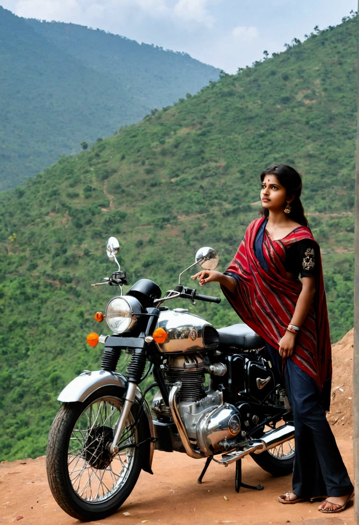 Indian girl with biker's cloth standing near royal Enfield bike on hill station with beautiful scenery 