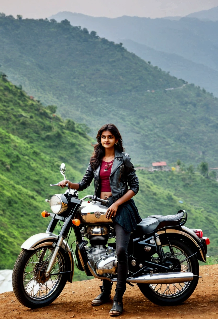 Indian girl with biker's cloth standing near royal Enfield bike on hill station with beautiful scenery 