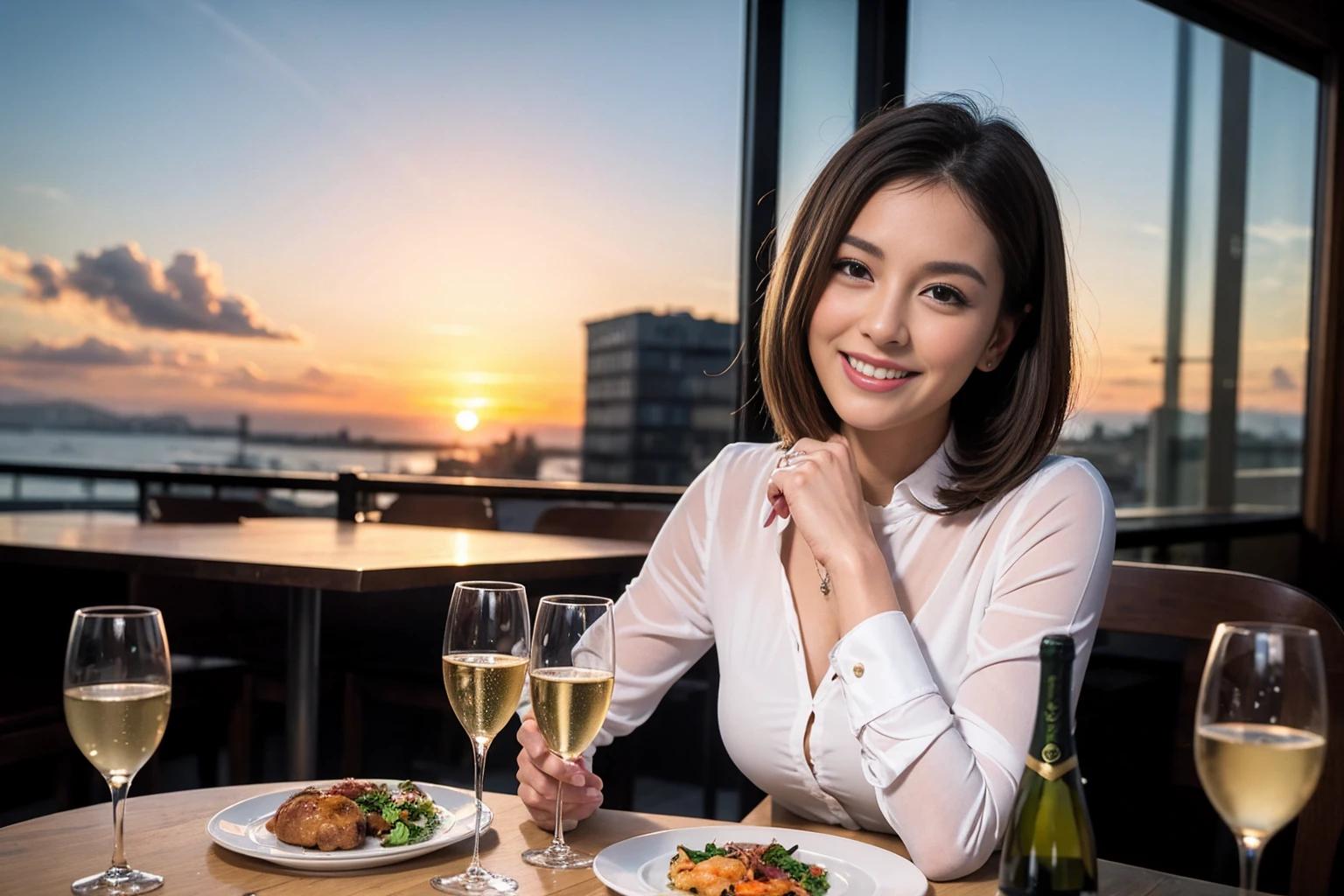 ((Highest quality、8k、masterpiece:1.3))、1 male、1 female、spouse、Beautiful couple、smile、full-course dinner、 (Slim face), (the body is スリム), (Brown Hair), (Shortcuts), ((Bob Hale、Straight hair:1.2)), テーブルの上のwine glass、Put the light on your face、 Amazing view of the sunset sky and clouds、smileの美しさ、Bright image、blush, Shortcuts, (Age 35), 39 years old, Appetizers、Italian food、Wine bottle、Champagne、sparkling wine、Long sleeve shirt、dress、Attractive beauty、restaurant, Nova Frog Style, actress, model, Upper Body, White wine, red wine, wine glass, 