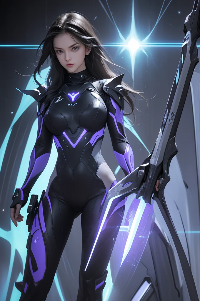 The image shows a young woman with a futuristic and high-tech look, dressed in a tight-fitting suit that appears to be a mix between armor and combat clothing.
### Physical description:
- **Hair**: He has long dark hair, that falls loose on his shoulders.
- **face**: His expression is serious and focused, with a direct and confident look.
### Outfit Description:
- **It lasts**: He wears a tight black suit with purple and blue luminous details.. The suit appears to have advanced technological components integrated.
- **chest**: In the center of the chest is a luminous circular device that appears to be an energy source., surrounded by luminous patterns.
- **arms**: The arms are covered by the suit, with additional protections and purple luminous details.
- **legs**: The legs are covered by the same material as the suit., with luminous discs in blue and purple colors that decorate the side.
- **gloves**: He wears gloves that are part of the armor, with technological and protective details.
- **Boots**: Boots are an integral part of the suit, with a robust design and luminous details that match the rest of the outfit.
### weapon:
- **axe**: He holds a large ax in his right hand, which has a sharp blade and luminous purple details. The ax design is futuristic, with an appearance that suggests high technology and power.
### POSTURE:
- **hands**: His right hand holds the raised ax, while the left one is relaxed next to your body.
- **body**: Stands with a firm and confident posture, projecting strength and determination.
### General appearance:
The young woman projects an image of power and advanced technology, with a suit that combines protection and functionality in an elegant and futuristic design. The luminous details and powerful weapon reinforce the idea that it is equipped for combat in an advanced and possibly dangerous environment..