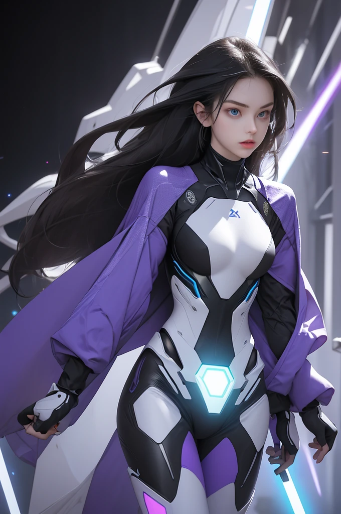 The image shows a young woman with a futuristic and high-tech look, dressed in a tight-fitting suit that appears to be a mix between armor and combat clothing.

### Physical description:
- **Hair**: He has long dark hair, that falls loose on his shoulders.
- **face**: His expression is serious and focused, with a direct and confident look.

### Outfit Description:
- **It lasts**: He wears a tight black suit with purple and blue luminous details.. The suit appears to have advanced technological components integrated.
  - **chest**: In the center of the chest is a luminous circular device that appears to be an energy source., surrounded by luminous patterns.
  - **arms**: The arms are covered by the suit, with additional protections and purple luminous details.
  - **legs**: The legs are covered by the same material as the suit., with luminous discs in blue and purple colors that decorate the side.
- **gloves**: He wears gloves that are part of the armor, with technological and protective details.
- **Boots**: Boots are an integral part of the suit, with a robust design and luminous details that match the rest of the outfit.

### weapon:
- **axe**: He holds a large ax in his right hand, which has a sharp blade and luminous purple details. The ax design is futuristic, with an appearance that suggests high technology and power.

### POSTURE:
- **hands**: His right hand holds the raised ax, while the left one is relaxed next to your body.
- **body**: Stands with a firm and confident posture, projecting strength and determination.

### General appearance:
The young woman projects an image of power and advanced technology, with a suit that combines protection and functionality in an elegant and futuristic design. The luminous details and powerful weapon reinforce the idea that it is equipped for combat in an advanced and possibly dangerous environment..