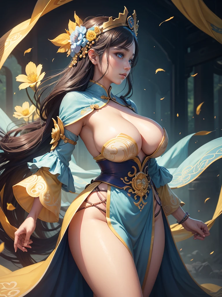a woman in a yellow and light blue honfu with flowers on her head, a beautiful fantasy empress, inspired by Ju Lian, inspired by Li Mei-shu, yun ling, inspired by Lan Ying, inspired by Wu Zuoren, inspired by Wu Bin, inspired by Pu Hua, ((a beautiful fantasy empress)), inspired by Qiu Ying, inspired by Wu Li, , Highly detailed CG unit 8k wallpaper, masterpiece, High resolution, highest quality, highest quality real texture skin, Super Real, Digital Painting, Best image quality, 最High resolution, 8k, ((Highly detailed eyes and face, Beautiful eyes every detail)), 1girl, Full Body Shot, ((Saggy breasts, Gravity-dependent breasts, long chest, Heavy chest, disproportionate breasts, huge breasts, sagging breasts, gigantic breasts)), smile, (profile), honfu,