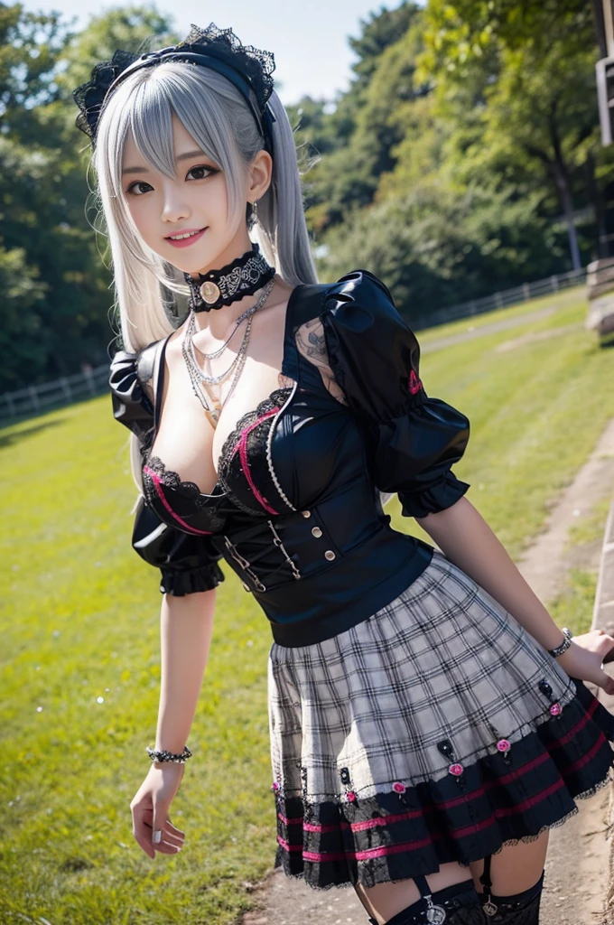 sexy stylish Japanese model, only 1 female, ((doll-like appearance)), gold long hair, ((shiny Punk-Style boots)), (happy smile), ultra detailed eyes, long lashes, ((sexy Punk Lolita cosplay)), unconventional skirt, petticoats, high neckline, ((ultra detailed lace)), ((ultra detailed embroidery)), intricate details, tartan patterns, (silver chains), (silver spikes), Punk Lolita accessories, Punk Lolita choker, ((large sparkling Punk Lolita jewelry)), cinematic light, detailed large park background with trees,Big Breasts, realistic