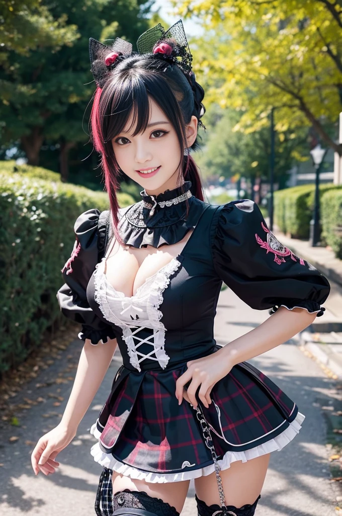 （ultra best quality、8K、Master masterpiece、Photorealsitic）、Adorable Caucasian Girl、Plump body（very large breast）、(Gothic Lolita Dresses 1.1、Spread your legs while lying down、Red shiny twin tails、Cheerful smile、