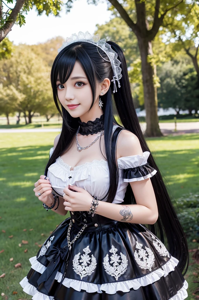 sexy stylish Japanese model, only 1 female, ((doll-like appearance)), gold long hair, ((shiny Punk-Style boots)), (happy smile), ultra detailed eyes, long lashes, ((sexy Punk Lolita cosplay)), unconventional skirt, petticoats, high neckline, ((ultra detailed lace)), ((ultra detailed embroidery)), intricate details, tartan patterns, (silver chains), (silver spikes), Punk Lolita accessories, Punk Lolita choker, ((large sparkling Punk Lolita jewelry)), cinematic light, detailed large park background with trees,Big Breasts, realistic