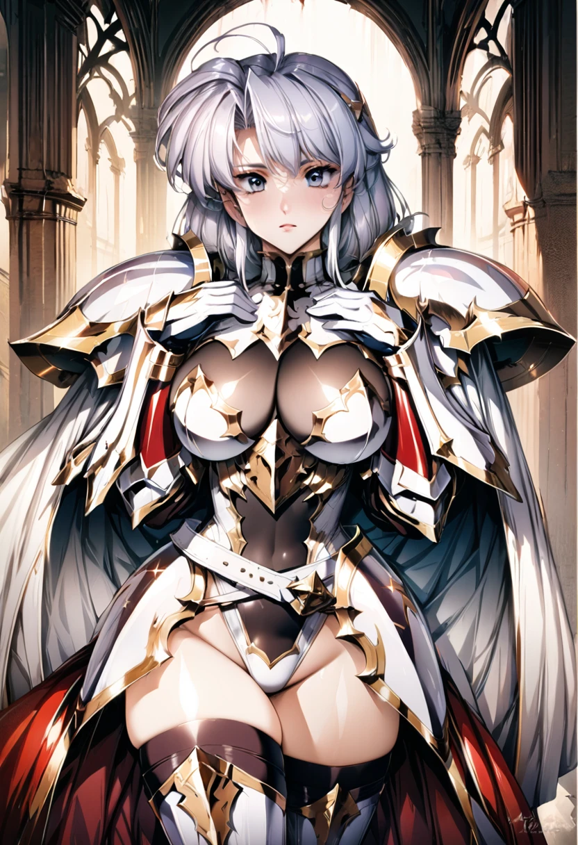 ((highest quality)), ((masterpiece)), ((hyperrealistic)), (detailed background), 1girl, ((curvy: 1.2)), Langrisser, ((sequin leotard: 1.5)), ((catsuit)), ((white paladin armor)), ((long skirt)), ((armored dress)), cloak de cour, gauntlet, gloves, belt, silver hair, ahoge, (huge breasts), (see-through cleavage cutout), (zettai ryouiki armored thigh high boots), (thighs), beautiful eyes, perfect face, Perfect hands, perfect fingers,