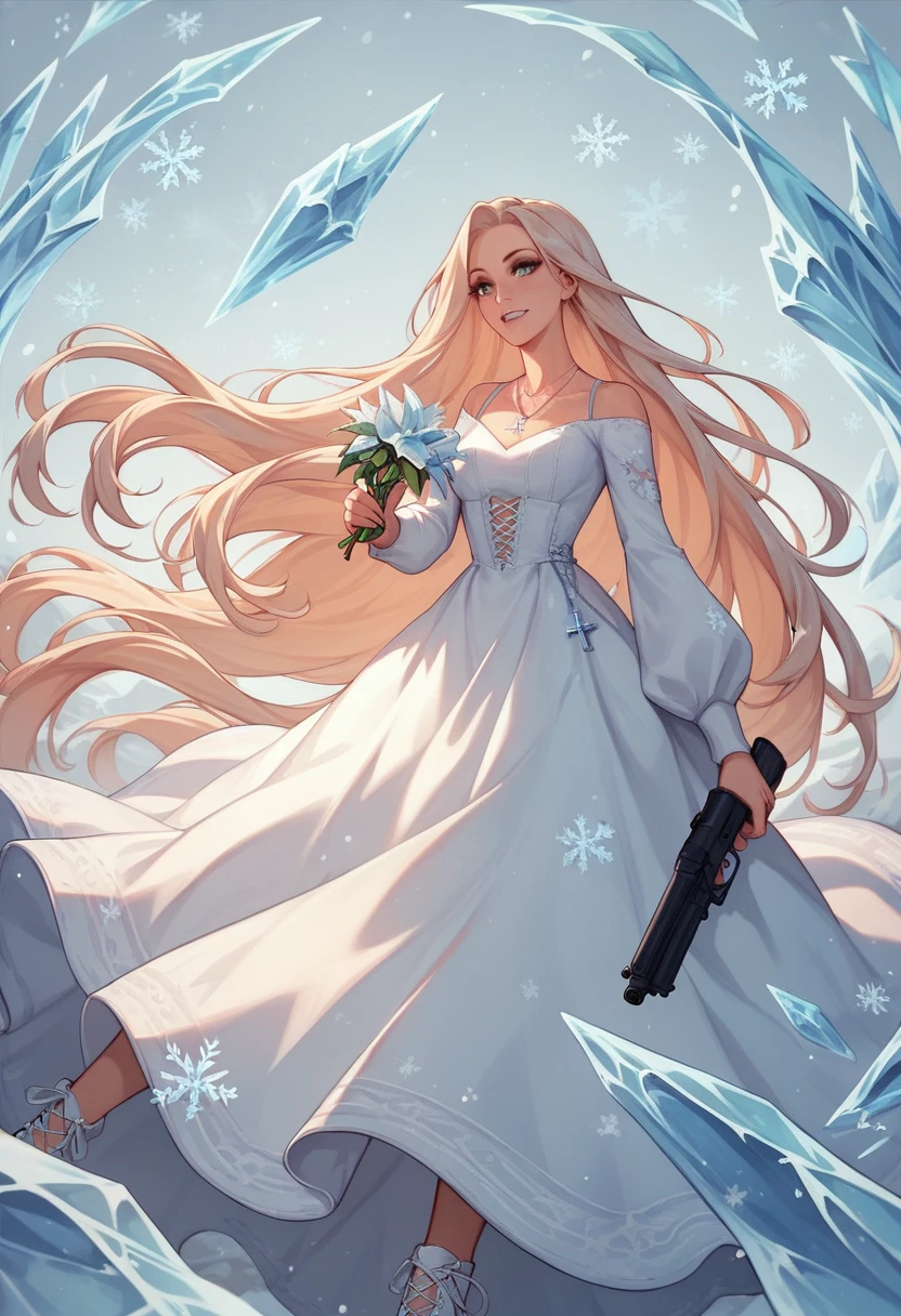 eah, ice, holding, crystalwinter, long hair, snowflakes, cross-laced footwear, white footwear, very long hair, gun, necklace, holding flower, 1girl, teeth, dress, eyelashes, upper body