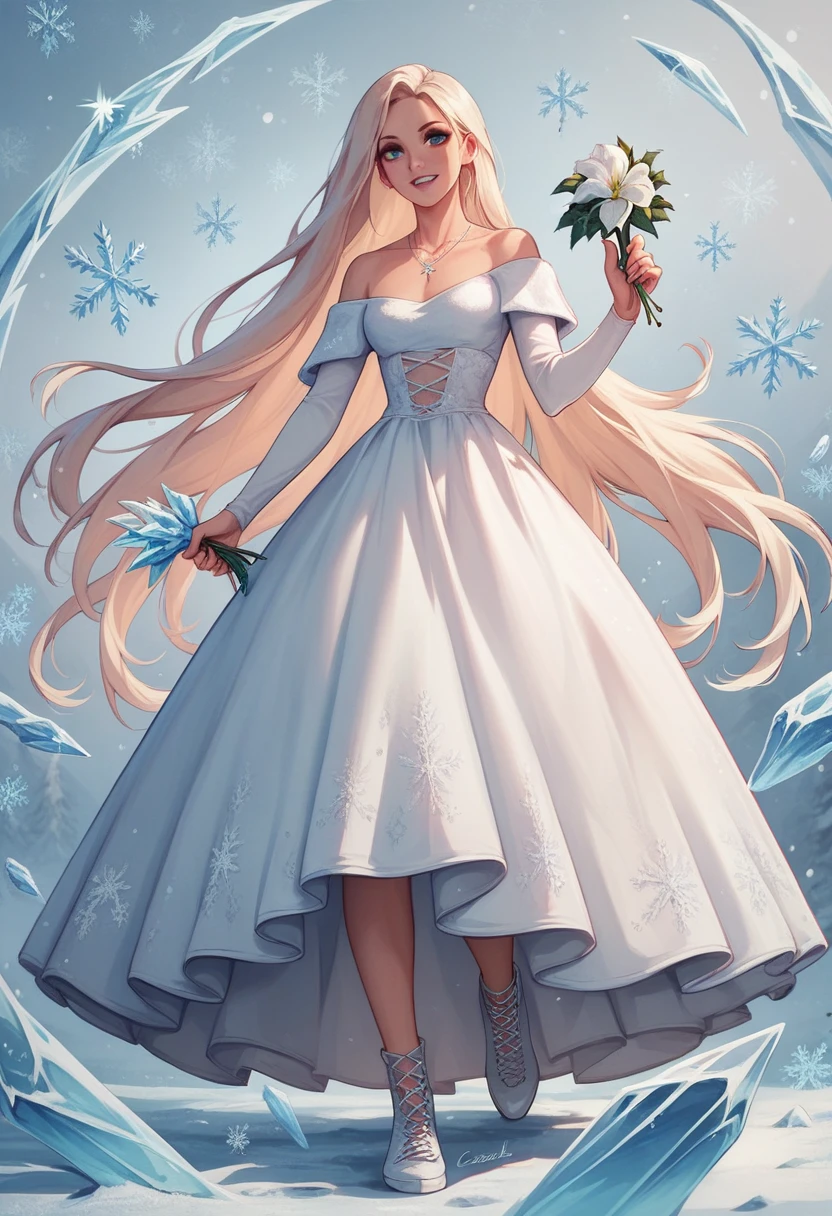 eah, ice, holding, crystalwinter, long hair, snowflakes, cross-laced footwear, white footwear, very long hair, gun, necklace, holding flower, 1girl, teeth, dress, eyelashes, upper body