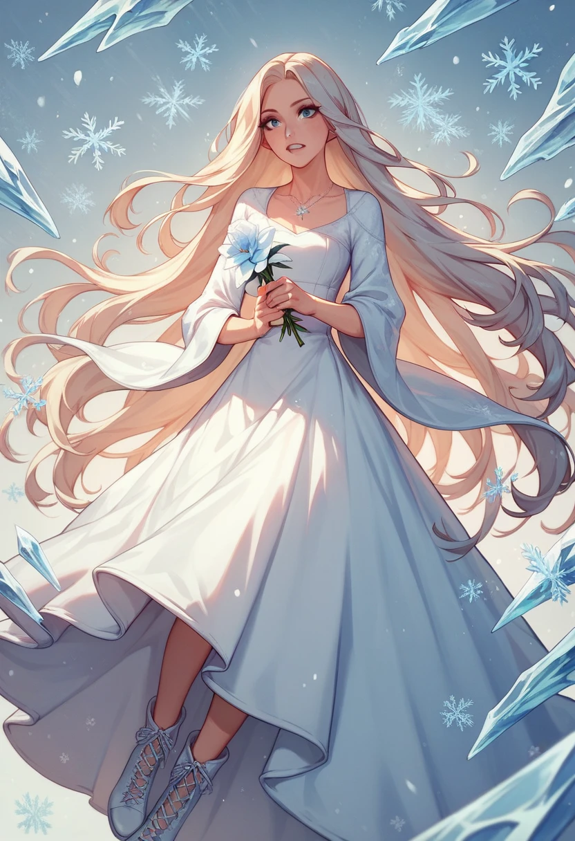 eah, ice, holding, crystalwinter, long hair, snowflakes, cross-laced footwear, white footwear, very long hair, gun, necklace, holding flower, 1girl, teeth, dress, eyelashes, upper body