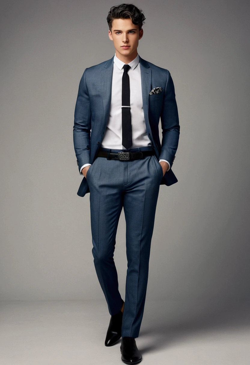 full body man, eager, gray suit with buttons, with gray pants, white  shirt, black belt, whole body, Arms at your side, Don't put your hands in your pockets, short black hair, and blue eyes, attractive man, beautiful young man, And attractive, Characteristics, attractive man, attractive young man, great _ coiffure, dark man, Slim man with fair skin, Young man with long length, shoes black, 8k