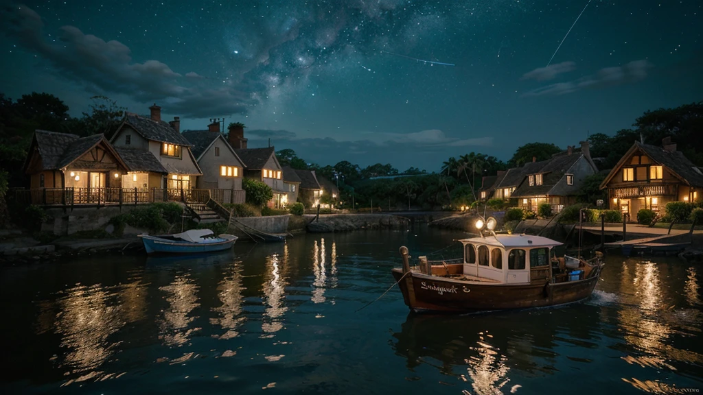 A picturesque village landscape set along a serene seashore, illuminated by a starry night sky. The stars twinkle brightly, creating a magical atmosphere reminiscent of Ghibli Studio's enchanting style. The village houses have warm, glowing lights, and the scene is filled with gentle, whimsical details like softly swaying palm trees, moonlit waves lapping at the shore, and quaint fishing boats bobbing in the water, evoking a sense of wonder and tranquility.