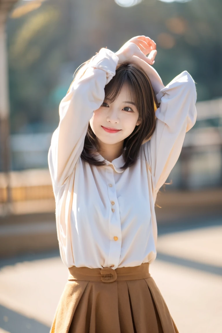 A cute anime-style girl is standing. She has short brown hair and large brown eyes, and is wearing a white blouse paired with an orange skirt. The background is simple, emphasizing her bright and cheerful expression, Her arms are raised above her head, creating a relaxed and casual pose.