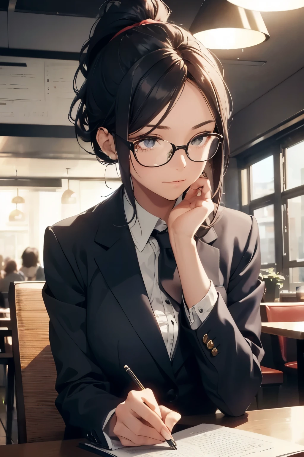 The image depicts a woman in a tailored suit, sitting comfortably at a table in a cafe. She is 29 years old, her hair tied in a neat ponytail that falls over her shoulder. She wears red glasses, adding an air of sophistication to her simple yet elegant attire. The cafe is dimly lit, casting dramatic shadows on her face and the table. The highlight falls on her face, illuminating her features, which radiate a natural beauty. She is engrossed in her laptop, the screen reflecting the warm ambient light. The detail in the image is evident in the shine on her laptop screen, the texture of the suit fabric, and the fine lines around