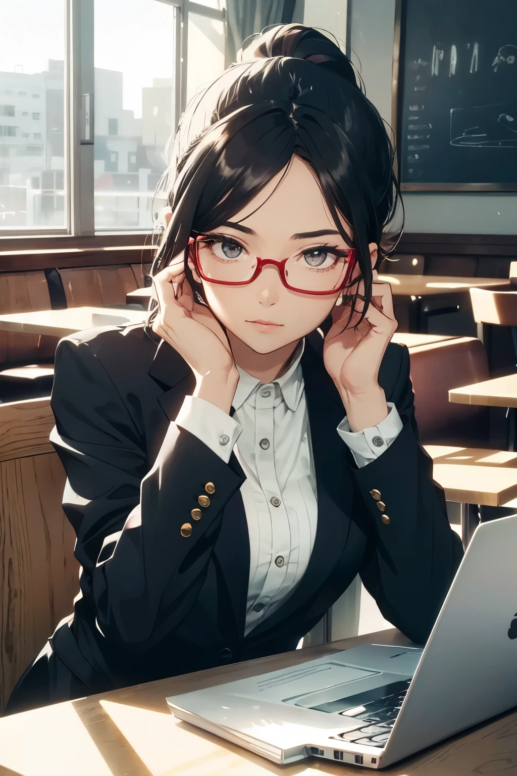 The image depicts a woman in a tailored suit, sitting comfortably at a table in a cafe. She is 29 years old, her hair tied in a neat ponytail that falls over her shoulder. She wears red glasses, adding an air of sophistication to her simple yet elegant attire. The cafe is dimly lit, casting dramatic shadows on her face and the table. The highlight falls on her face, illuminating her features, which radiate a natural beauty. She is engrossed in her laptop, the screen reflecting the warm ambient light. The detail in the image is evident in the shine on her laptop screen, the texture of the suit fabric, and the fine lines around
