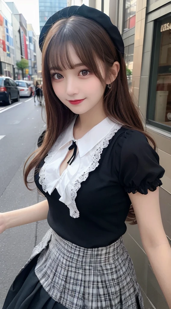 table top, highest quality, figure, super detailed, finely, High resolution, 8k wallpaper, Perfect dynamic composition, beautiful and fine eyes, medium hair,small breasts natural color lip, bold sexy pose,smile,harajuku、20 year old girl、cute、sexy shot looking at camera、gothic ta clothes、skirt、blouse