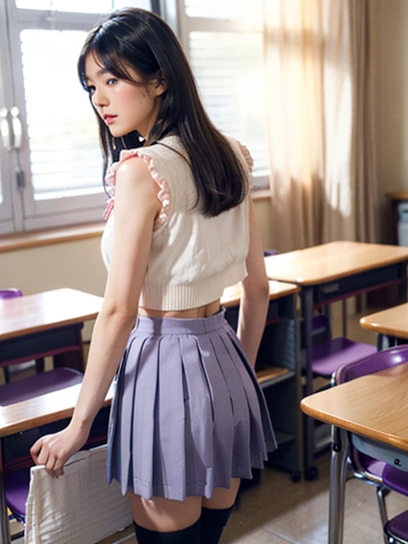 From the back、8K、Highest quality、(masterpiece:1.2)、Real、Super fine、Ultra-high resolution、1 person、Beautiful face、perfect body、((Black Bob))、Waistline、(Waist Slim:1.3)、Beautiful Skin、Skin Texture、Floating hair、(((highschool Uniform)))、classroom、Blushing、((full body shot))、high school girl、White tank top、Panty shot、White panties,Detailed depiction of the thin cotton texture and wrinkles of the panties、Detailed and beautiful hair texture、Detailed depiction of large pink areola、Standing in the classroom,yoshizuki_iori
School_uniform_Purple_shirt_Blue_skirt_White_neckerchief_Black_thighhighs、