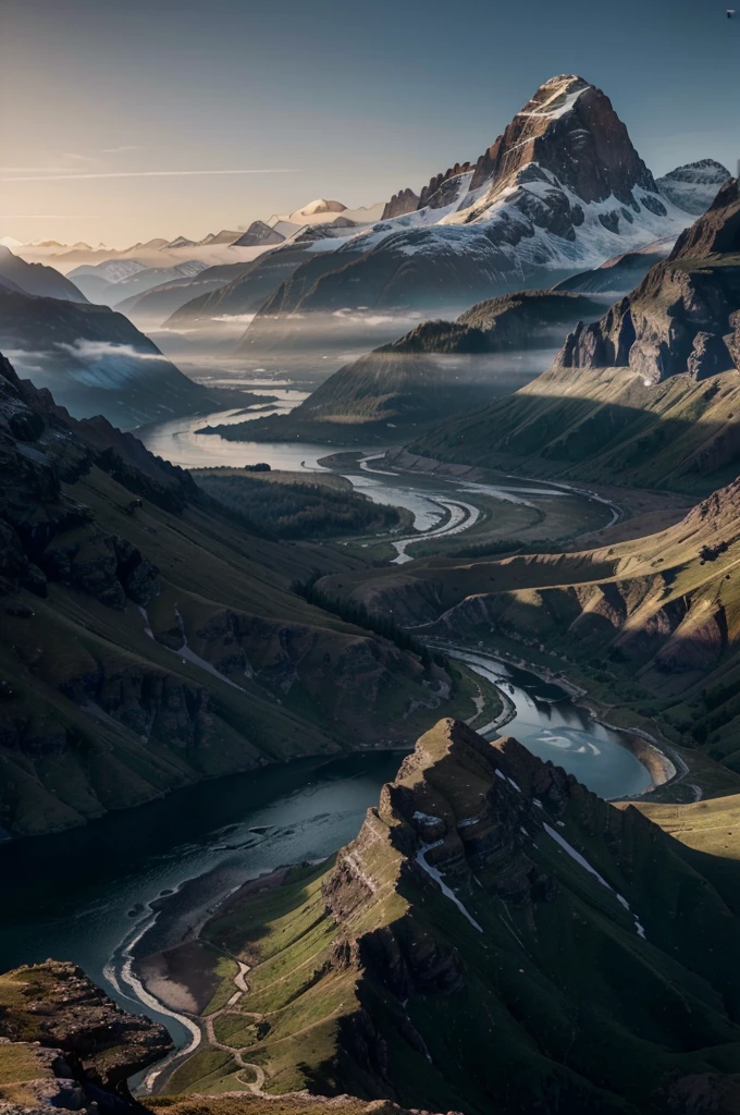 mountains and a river in the foreground with a mountain in the background, max rive, 8 k matte painting, 8k matte painting, the most beautiful landscape, epic beautiful landscape, beautiful mattepainting, majestic nature scenery, matte painting scenery, an amazing landscape image, epic cinematic matte painting, stunning matte painting, stunning nature in background, beautiful matte painting, most epic landscape