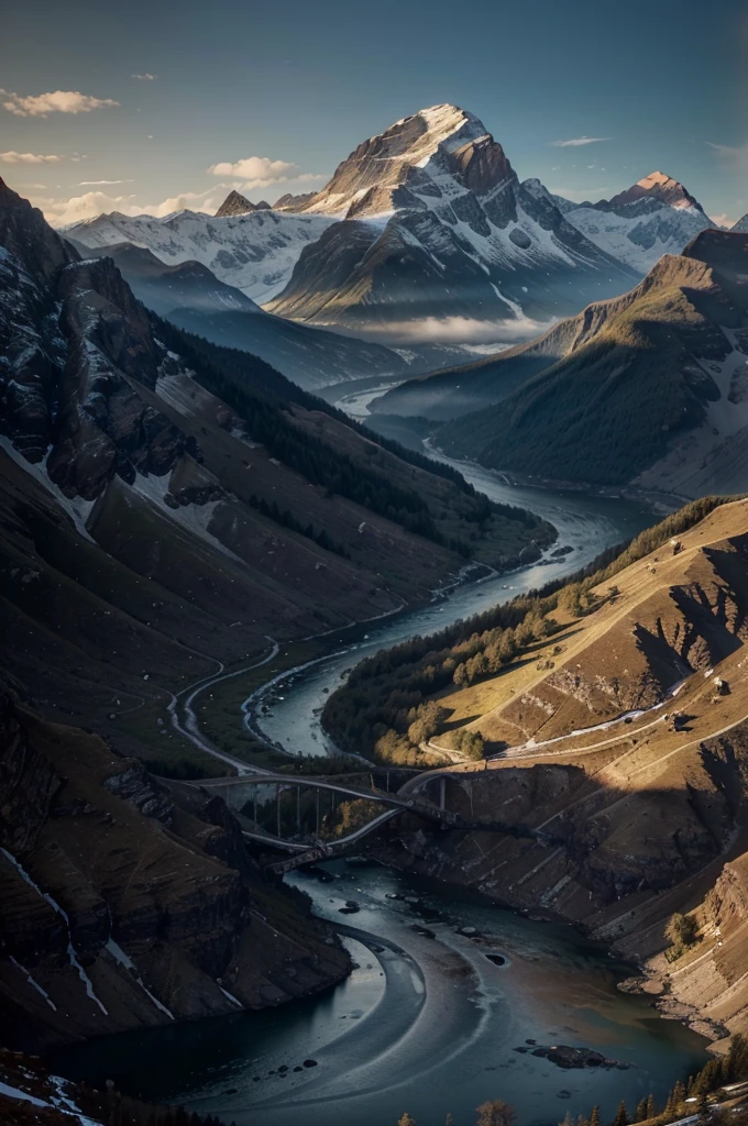 mountains and a river in the foreground with a mountain in the background, max rive, 8 k matte painting, 8k matte painting, the most beautiful landscape, epic beautiful landscape, beautiful mattepainting, majestic nature scenery, matte painting scenery, an amazing landscape image, epic cinematic matte painting, stunning matte painting, stunning nature in background, beautiful matte painting, most epic landscape