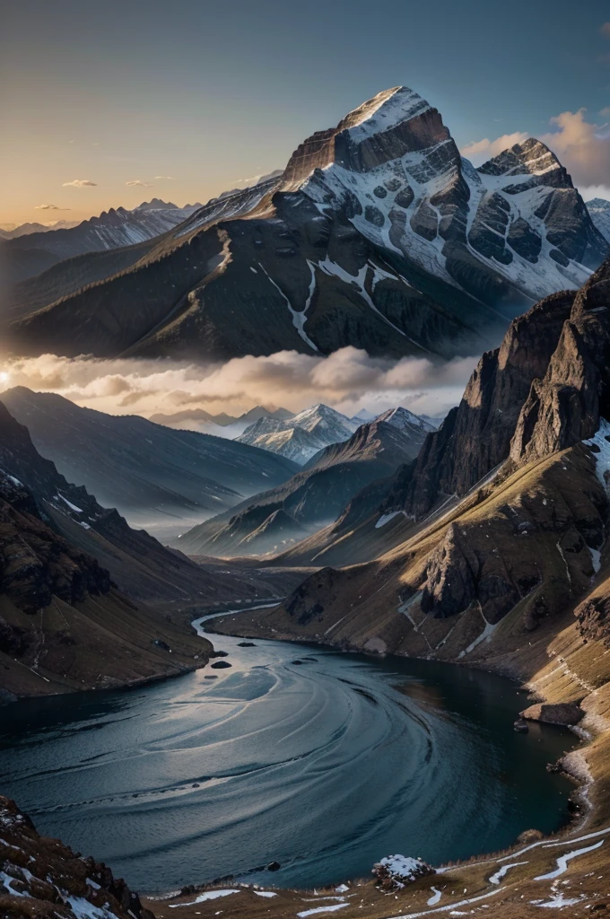 mountains and a river in the foreground with a mountain in the background, max rive, 8 k matte painting, 8k matte painting, the most beautiful landscape, epic beautiful landscape, beautiful mattepainting, majestic nature scenery, matte painting scenery, an amazing landscape image, epic cinematic matte painting, stunning matte painting, stunning nature in background, beautiful matte painting, most epic landscape