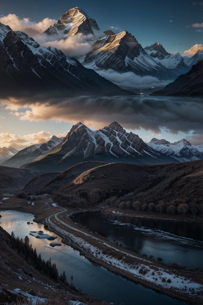 mountains and a river in the foreground with a mountain in the background, max rive, 8 k matte painting, 8k matte painting, the most beautiful landscape, epic beautiful landscape, beautiful mattepainting, majestic nature scenery, matte painting scenery, an amazing landscape image, epic cinematic matte painting, stunning matte painting, stunning nature in background, beautiful matte painting, most epic landscape