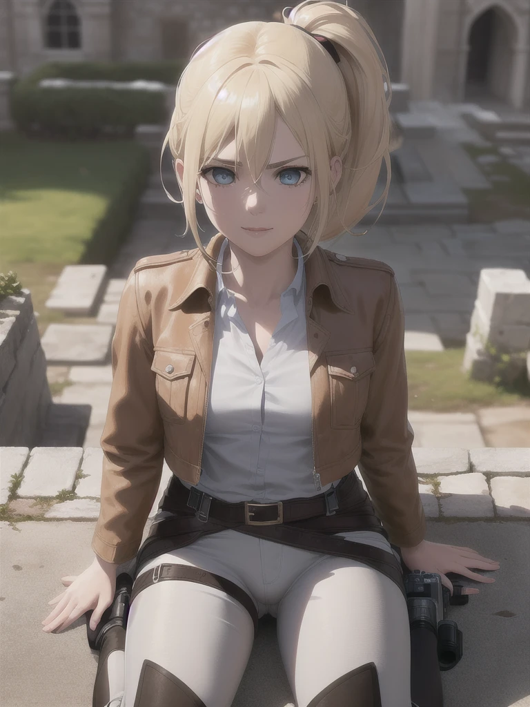 masterpiece, Highest quality, High resolution, Castle ruins, Day, sunny, Serious expression, One girl, alone, View your viewers, smile, Sit on the ground, history, Krista Lentz, Blonde, blue eyes, Hair between the eyes, short hair, ponytail, Official Art, Jacket, brown Jacket, Symbolism, belt, Thigh straps, pants, white pants, boots, shirt, white shirt, collared shirt,, unity 8k wallpaper, (figure:0.8), (Beautiful attention to detail:1.6), Highly detailed face, Highly detailed CG, (3D Face:1.1), (Shiny skin:1.5), (超High resolution intricate face details), (Facial skin pores:1.3), 超High resolution cloth texture, (Canon EOS-1D X Mark III camera for outstanding detail:1.2), (Combined with Canon EF24-70mm f/2.8L II USM Lens:1.2)