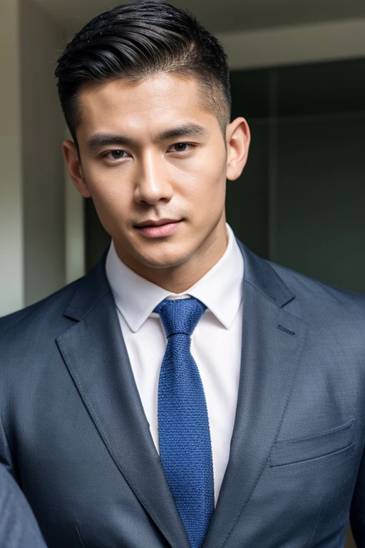 Handsome、good looking、Businessman、Short Hair、Black Hair、Muscular、confidence、rely on、Navy Suit、True Face
